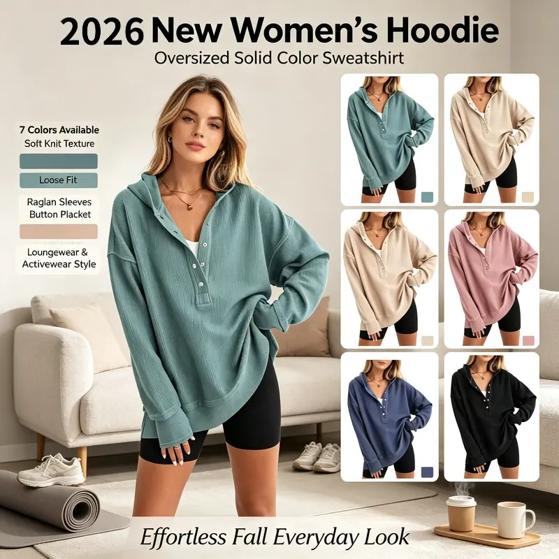 Women's Waffle Knit Hooded Sweatshirt, Oversized Henley Button Long Sleeve Hoodie, Casual Drop Shoulder Solid Color Loose Pullover Tops for Fall Winter Daily Wear