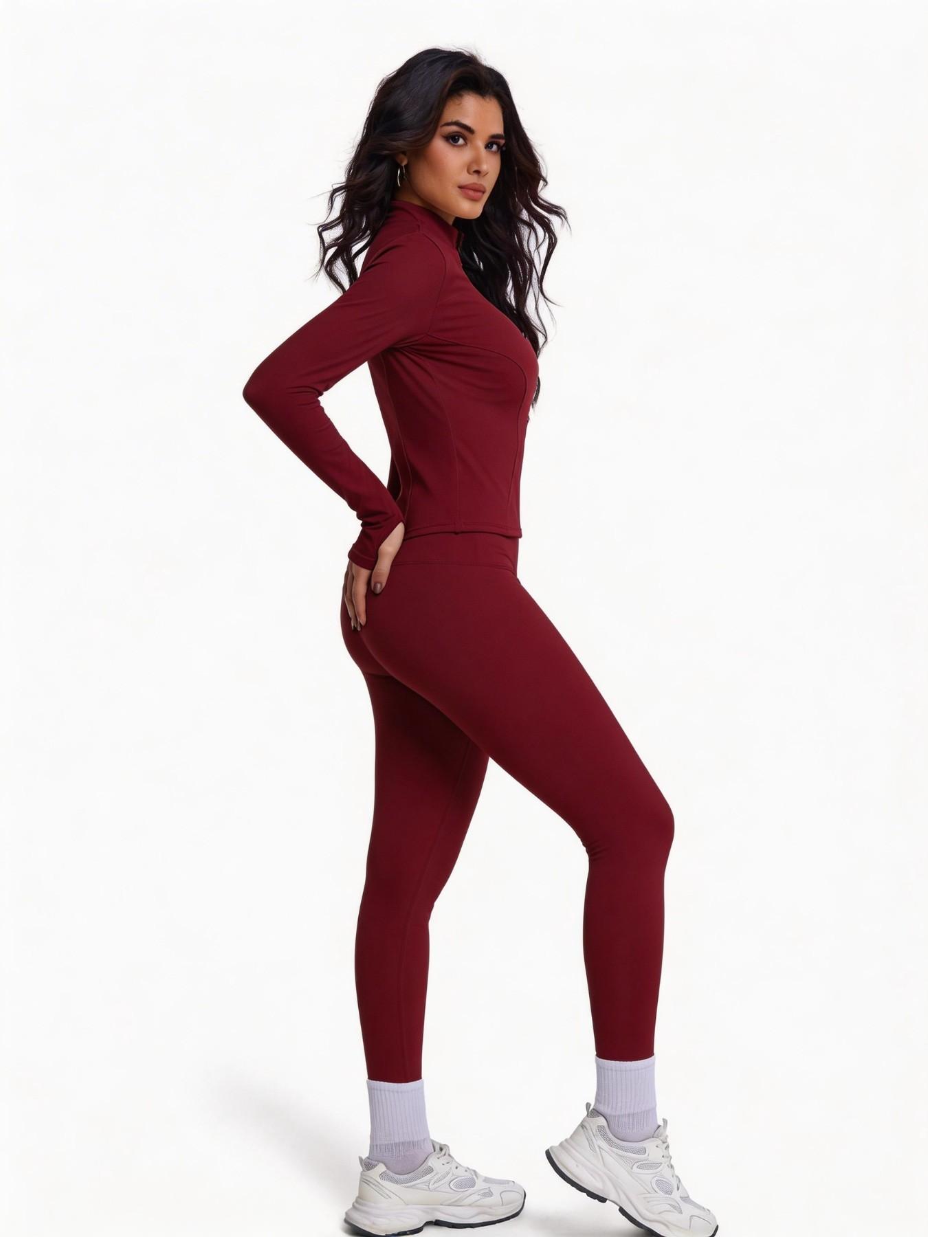 Women's Two-Piece Sport Set, Long Sleeve Zipper Yoga Jacket & High-Waist Tight Pants, Slim Fit, Fall Winter, Gym Running Fitness
