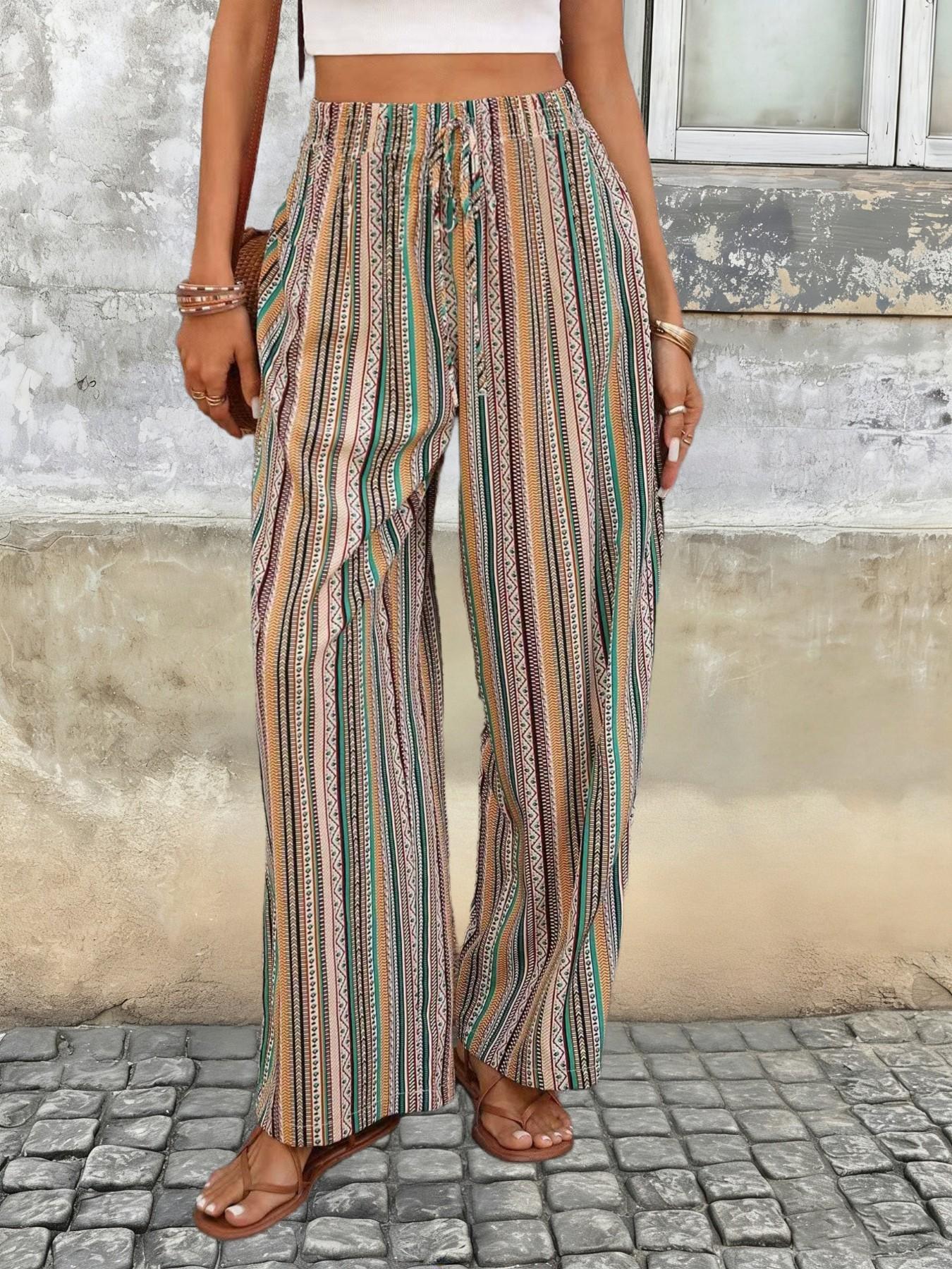 Women's Bohemian Striped Wide Leg Pants, Elegant High Waist Elastic Waistband, Casual Loose Fit, Perfect for Beach and Daily Wear