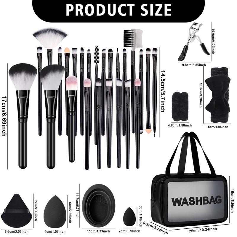 Professional Makeup Brush Set with Bag, Includes Brushes, Sponges, Hair Bands, Travel and Daily Use, Plastic Frame, No Battery