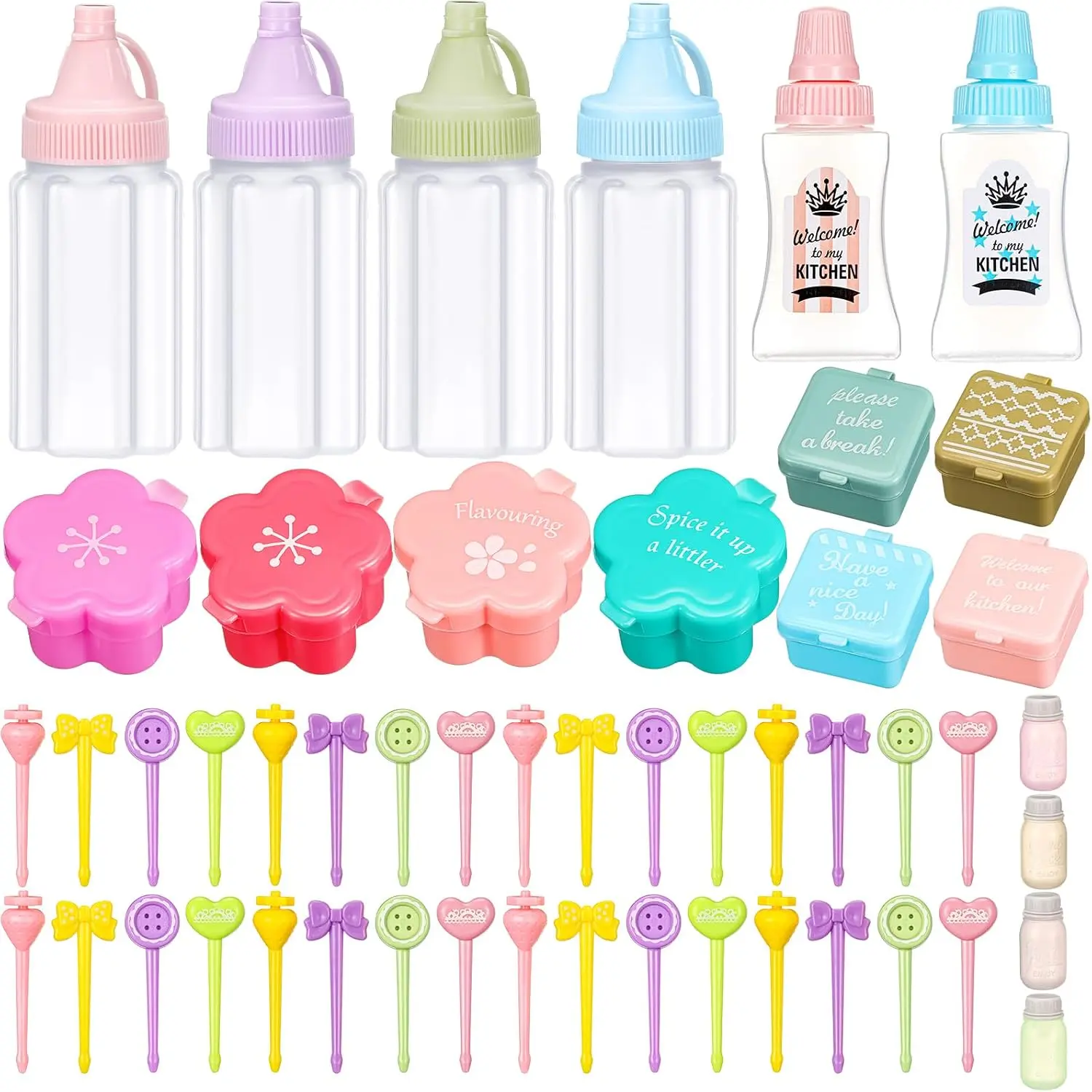 50 count  Bento Box Accessories Including  Picks Mini Condiment Bottles Ketchup Squeeze Bottles, Mini Soy Sauce Container for  School Bento Camping Office (Macaron Candy)