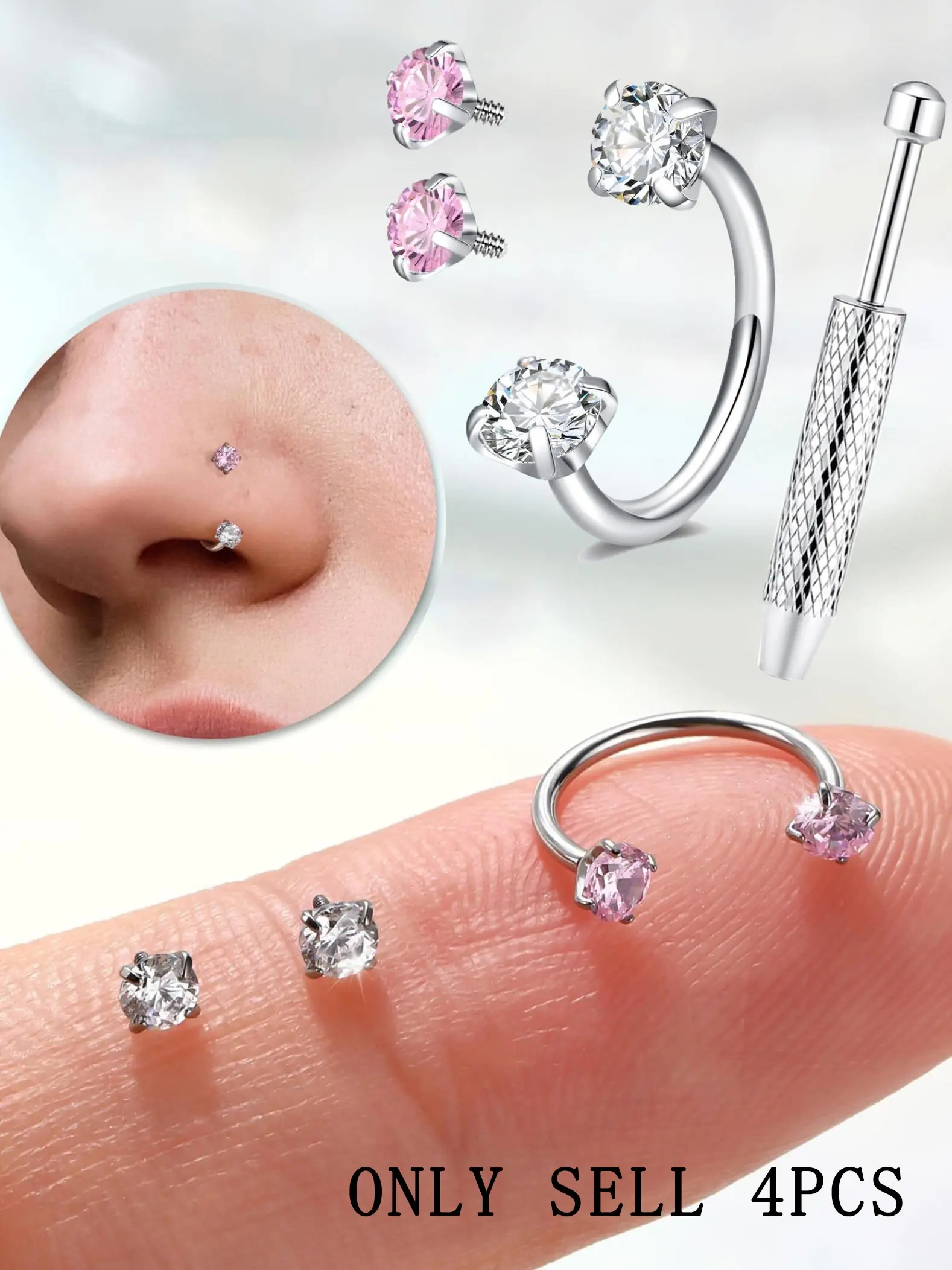 Horseshoe Nose Rings with Replacement CZ, Internally Threaded Heart Star Nose Rings Stainless Steel Body Jewelry Lip Eyebrow Helix Ear Piercing Jewelry