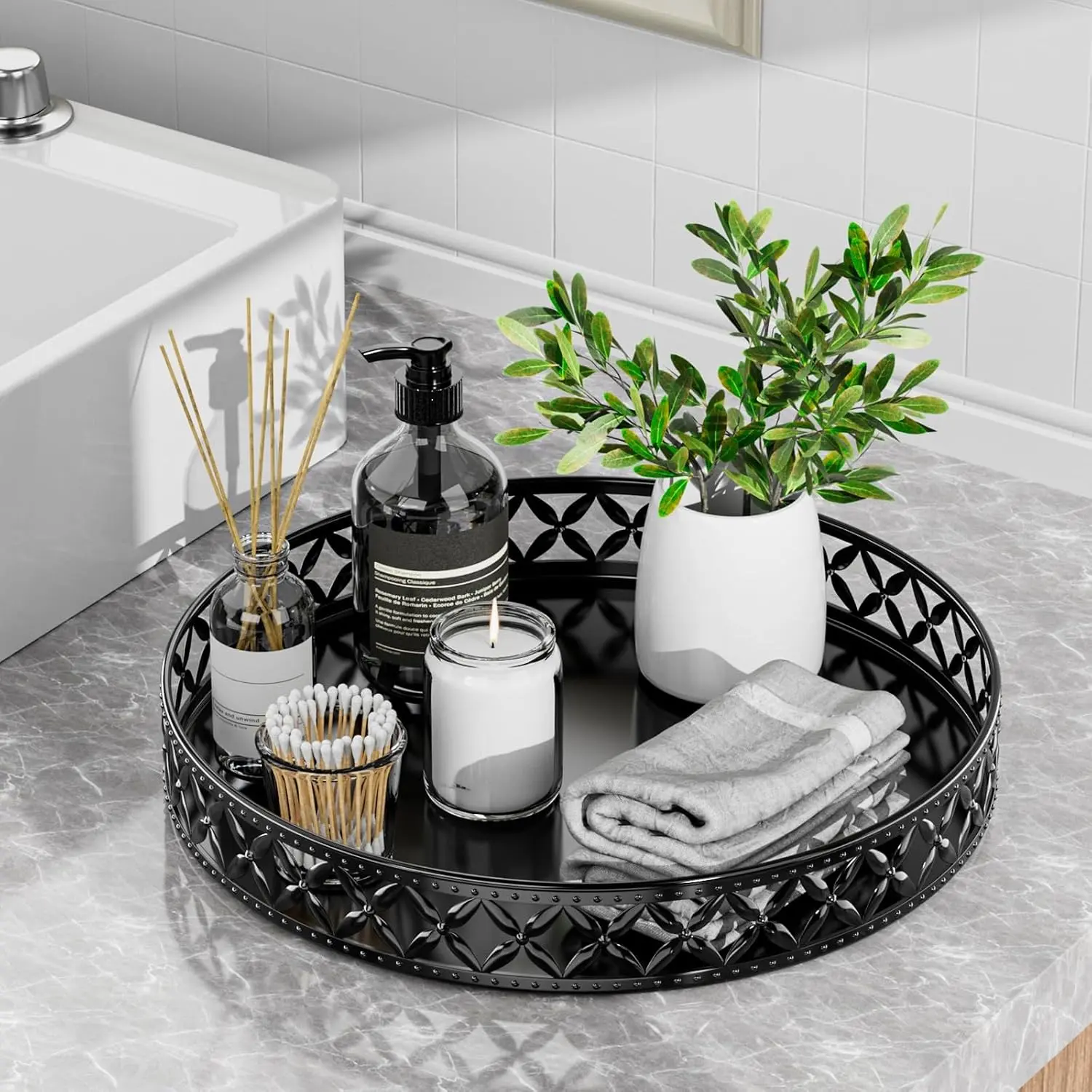 Vanity Tray for Bathroom Counter - 11 Inch Black Decorative Tray Bathroom Counter Tray Organizer for Perfume Cosmetics Jewelry Makeup | Small Metal Tray, Non-Slip Bathroom Countertop Tray, Floral Design, Bathroom Organizer for Perfume Cosmetics Jewel