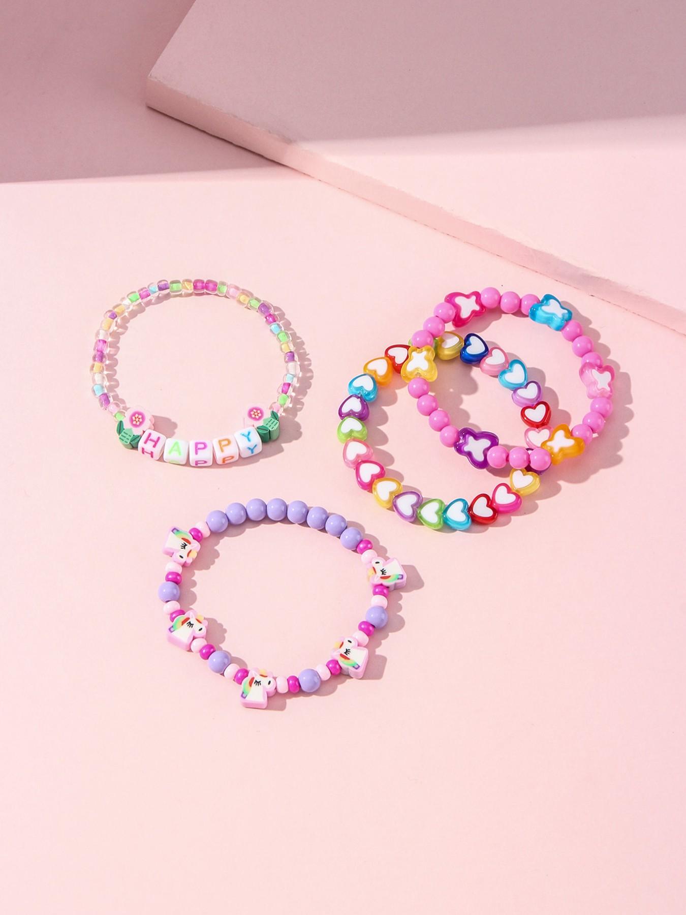 4pcs/set Multicolor Acrylic Beaded Bracelets, Heart Butterfly Letter Glass Beads, Party Gift for Girls, All Seasons Fashion Accessory
