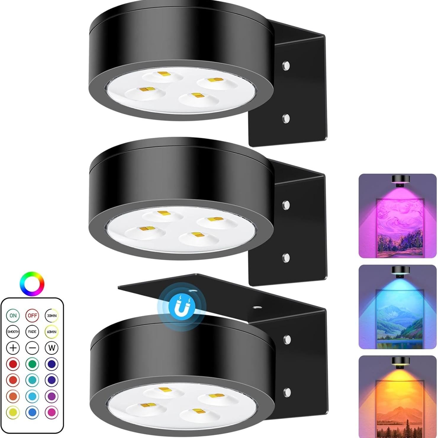 6PC/3PC/1PC RGB Color-Changing Spotlight, Motion Sensor Night Light, Wall Picture Lamp, Remote Control, Ambient Shadow Projector LED Painting Art Display, Scene Atmosphere Lights, Dimmable No Wiring Needed Battery Powered (Batteries Not Included)
