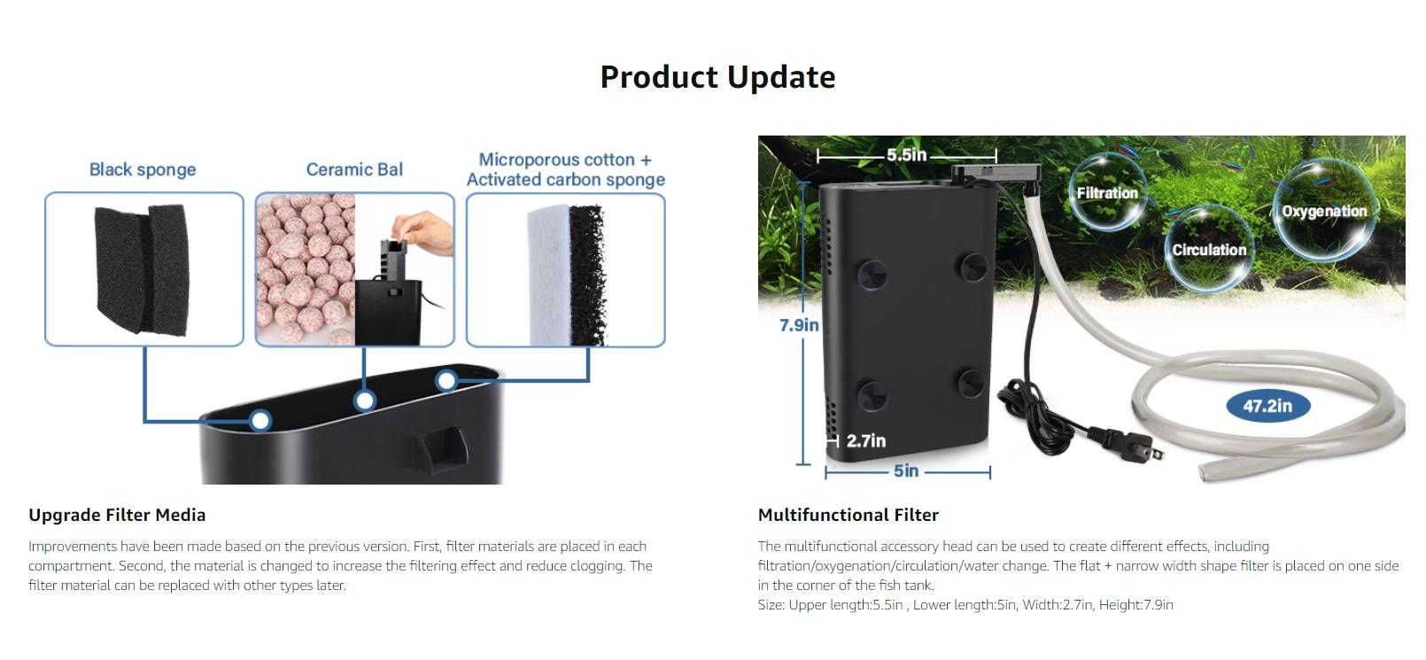 hygger Multifunctional Aquarium Filter, 60GPH Fish Tank Power Filter for Water Change, Filtration and Landscaping with Water Hose, Rainforest Tube, Sponge Ceramic Balls Filter Media