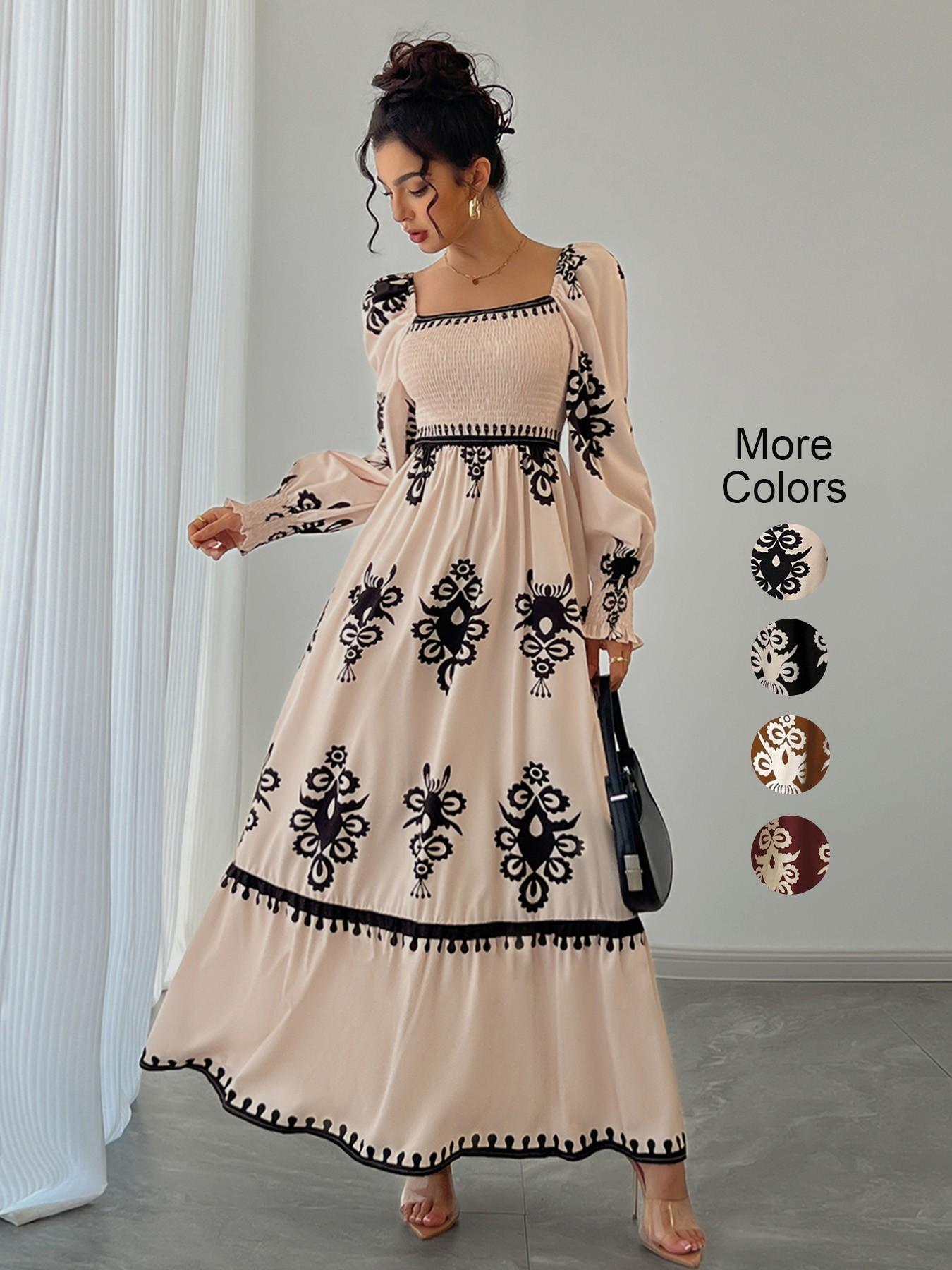 Women's Vintage Boho Floral Print Lantern Long Sleeve High Waist Dress, Square Neck Shirred Design, Valentine's Day Party Elegant