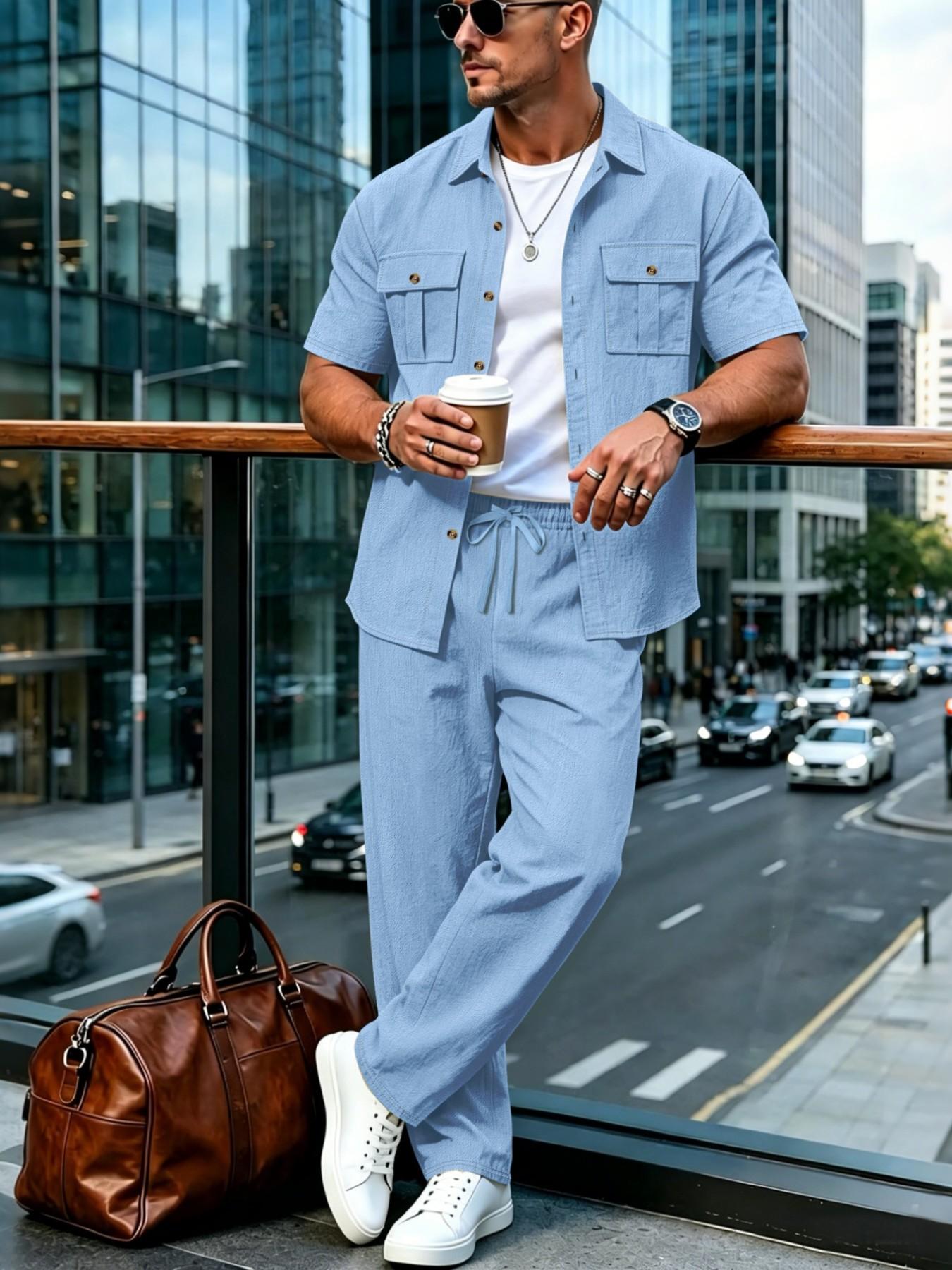 Summer Linen Style Men's Casual Short Sleeve Shirt and Long Pants Set, Resort Wear Set, Breathable Loose Fit Two-Piece, Drawstring Waist, Ideal for Vacation and Daily Wear Clothes, Clothing Sets, Menswear