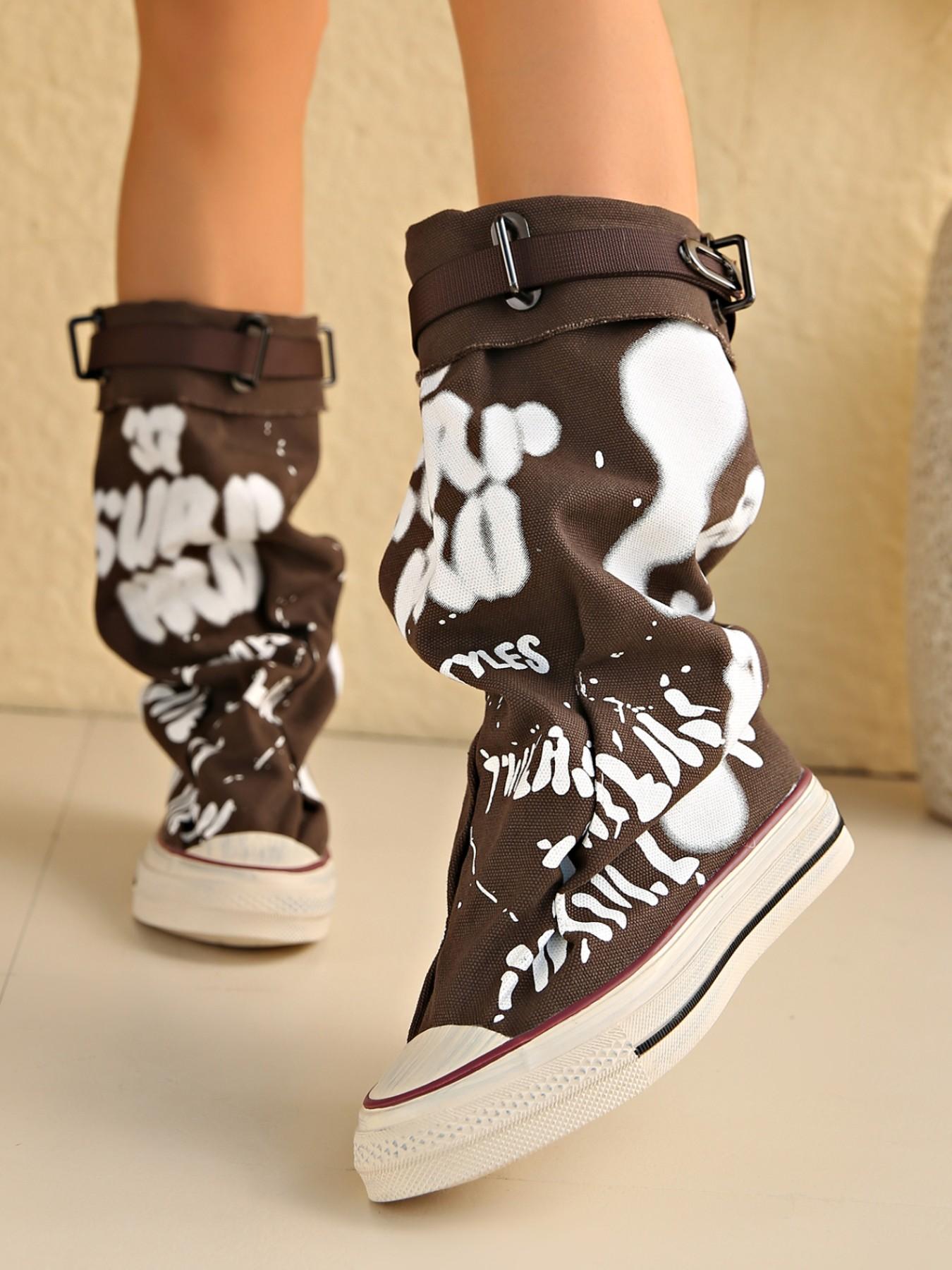 Meadow High Top Sneakers, Letter Graffiti + Buckle Design, Street Style Fullness, Fashionable PU Upper, Rubber Sole, All Seasons