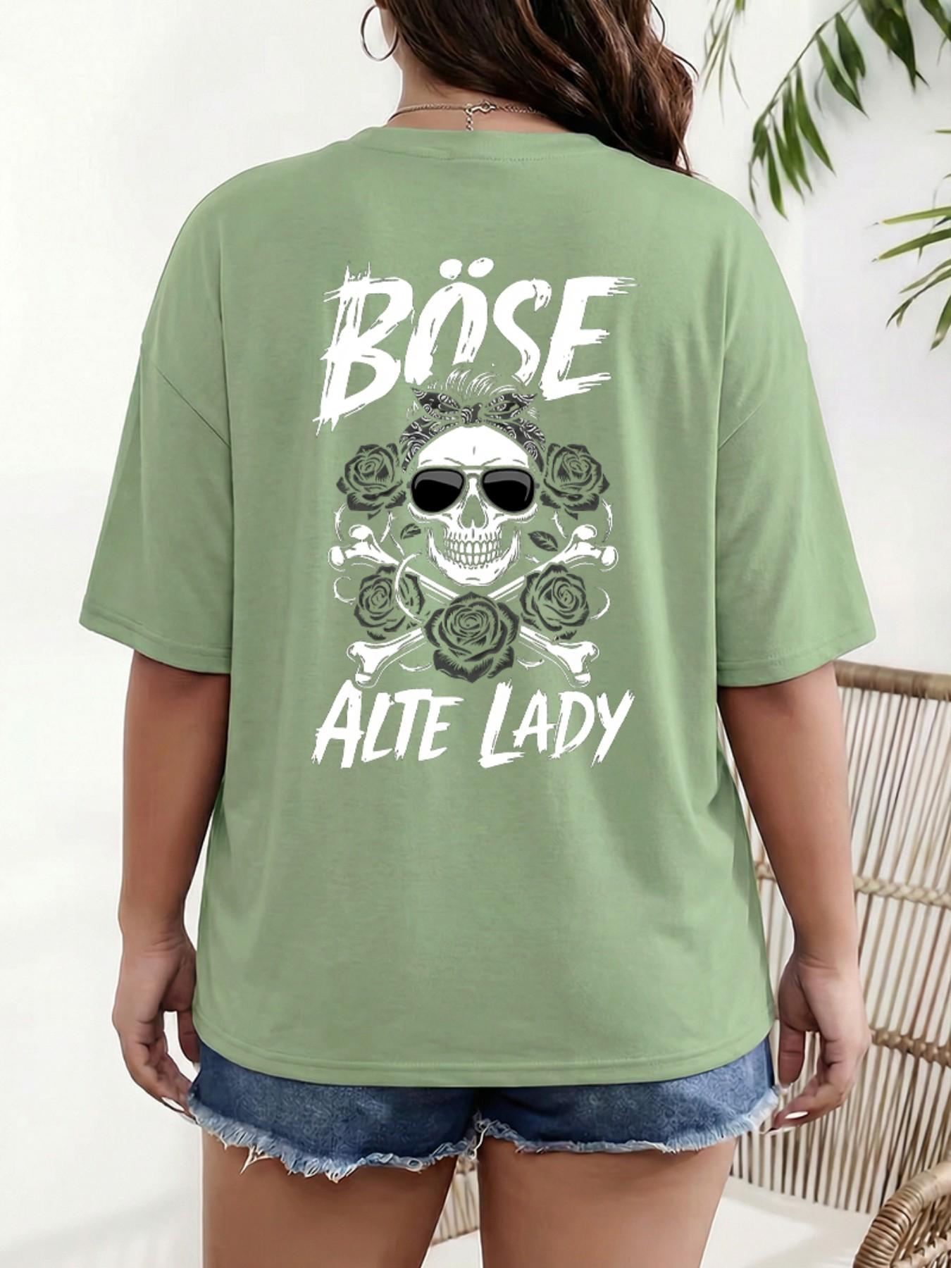 German Retro Design Böse Alte Lady Skull Rose Print Plus Size T-Shirt, Loose Shoulder Pure Cotton Short Sleeve, Casual Summer Top