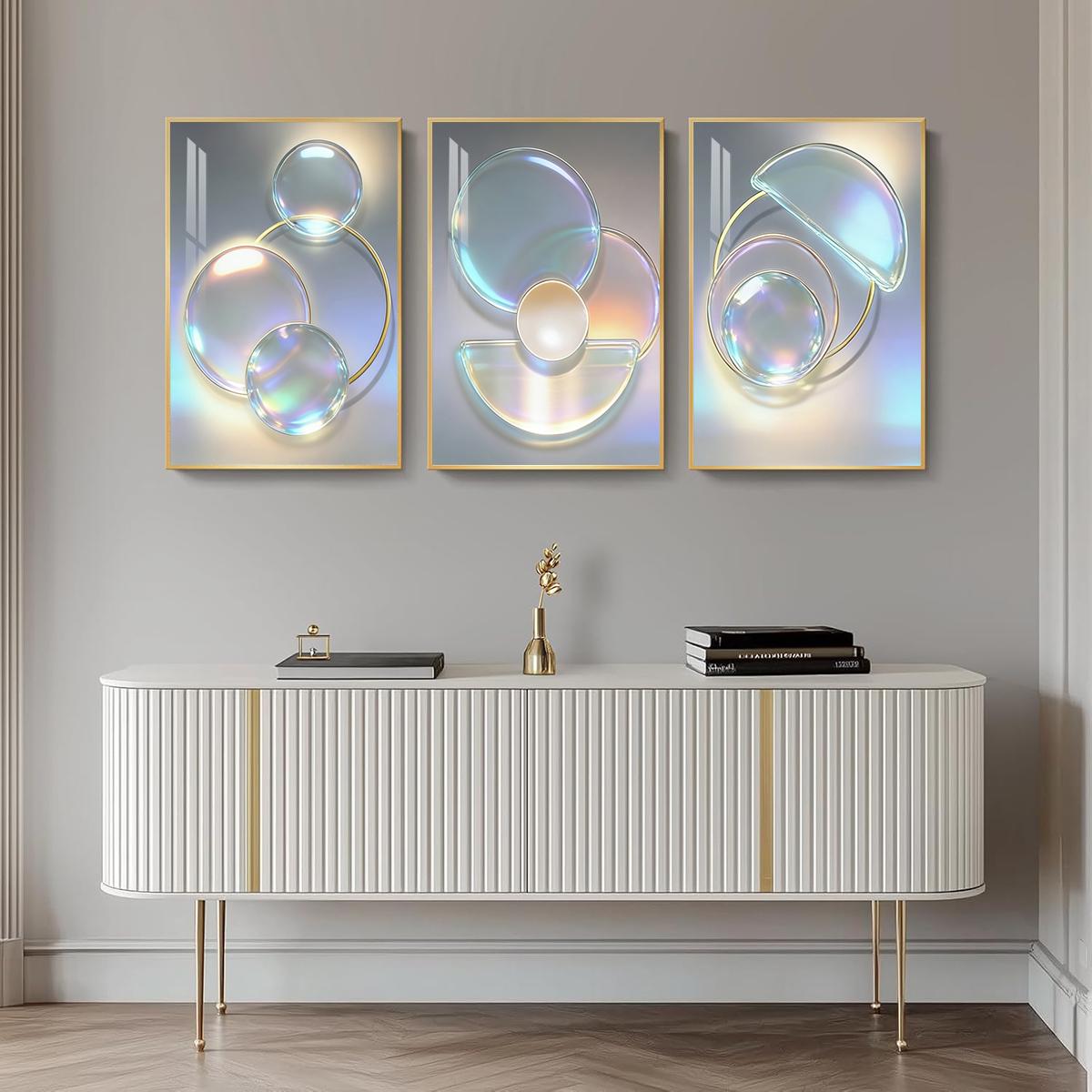 3 Counts Aluminum Alloy Framed Painting, Abstract Iridescent Glass Circles Design, Home Decoration For Living Room, Bedroom, Office, Restaurant, Hallway Wall Decor, Odorless Print Artwork, Luxury Perfect Gift For Friends And Family