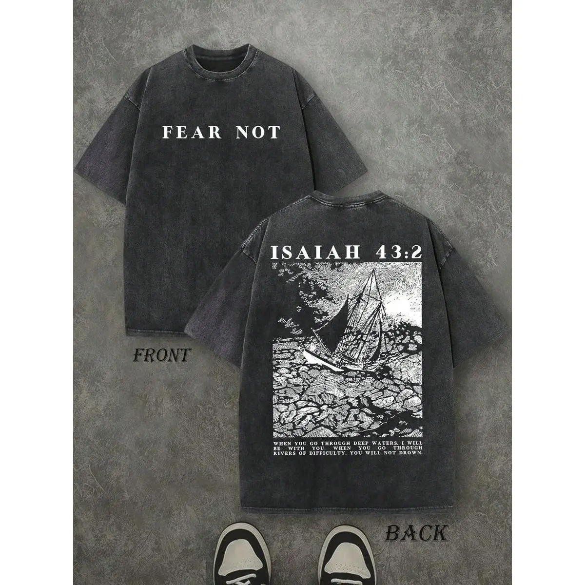 Heavyweight Washed Cotton T-Shirt Unisex Vintage Streetwear Double-Sided "Fear Not" Christian Tee