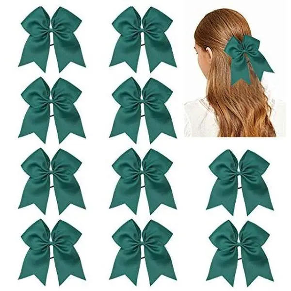 10 count Green  Hair Bows for Cheerleader Large  Elastic Ties | 8"   Bows, for Teen Girls College  Softball Competition, Grosgrain Ribbon ,Ponytail Holders for Girls
