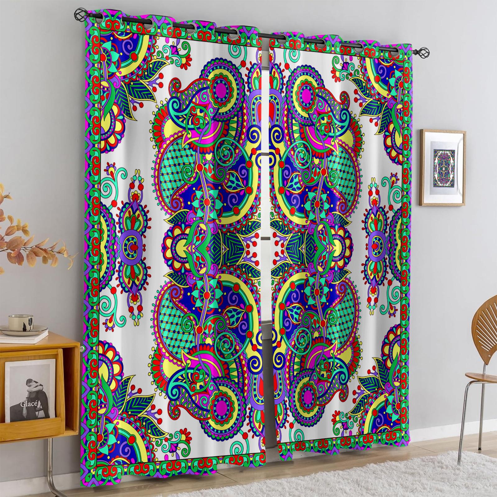 2 Panels Set Boho Paisley Digital Print Window Drapes, Vintage Ethnic Style Darkening Grommet Curtains, Thermal Insulated Privacy Blackout Drapes, Decorative Window Treatment for Living Room, Bedroom, Dorm, Home Office