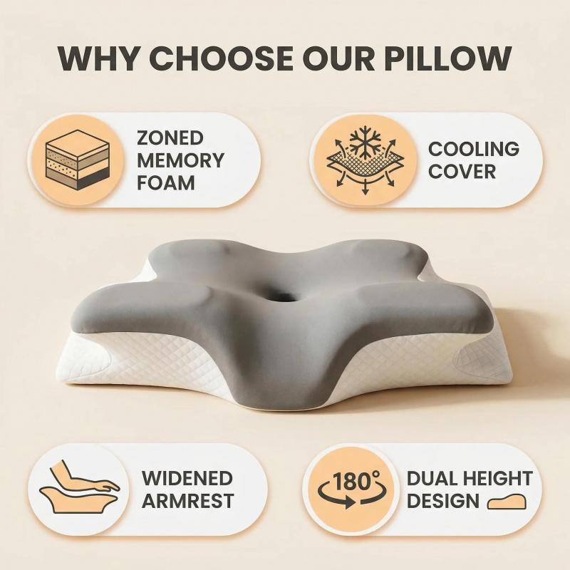 Ergonomic Bed Pillow with Cool Touch Cover, Contour Memory Foam Neck Support, Odor-Free Core, Ideal for Side, Back, Stomach Sleep, Contoured Memory Foam
