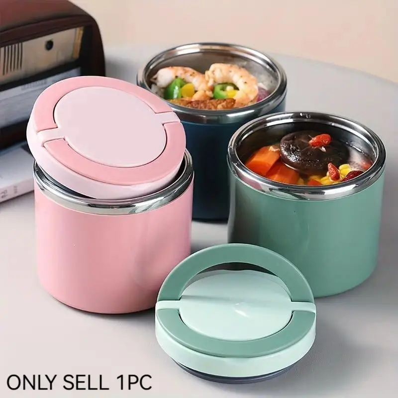 Stainless Steel Insulated Plain Bento Box with Handle - Leakproof, Stackable, 1-2H Food Retention, Portable, Modern Anti-Leak Lunch Container (Pink/Blue/Greenish-Blue) - Office, Camping Use Thermal Insulated Container