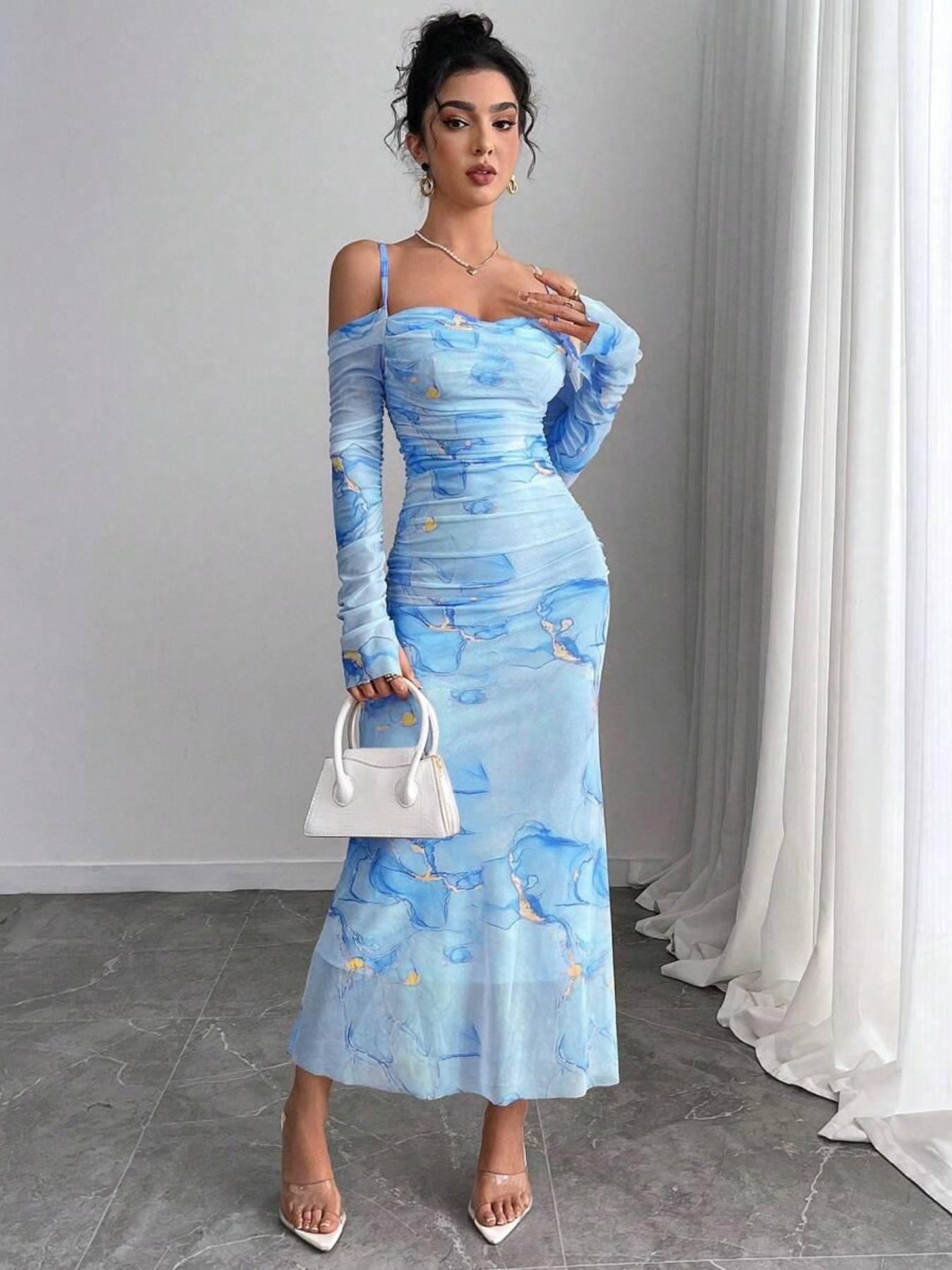 Lafayette Women's Mesh Long Sleeve Dress, Off-Shoulder Mermaid Skirt Gown, Elegant Evening Wear, Perfect for Special Occasions