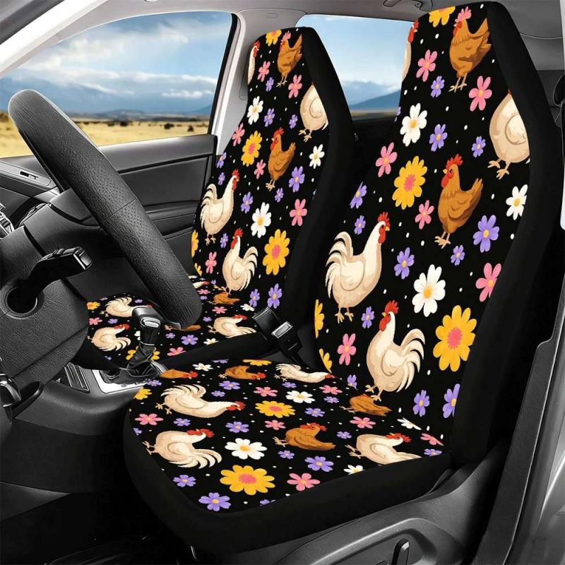 Two-piece colorful little chicken flower car seat covers, suitable for the front seats, with a high backrest design, high-quality fabric, compatible with sedans, SUVs and trucks, women's car accessories, Christmas Eve horror.