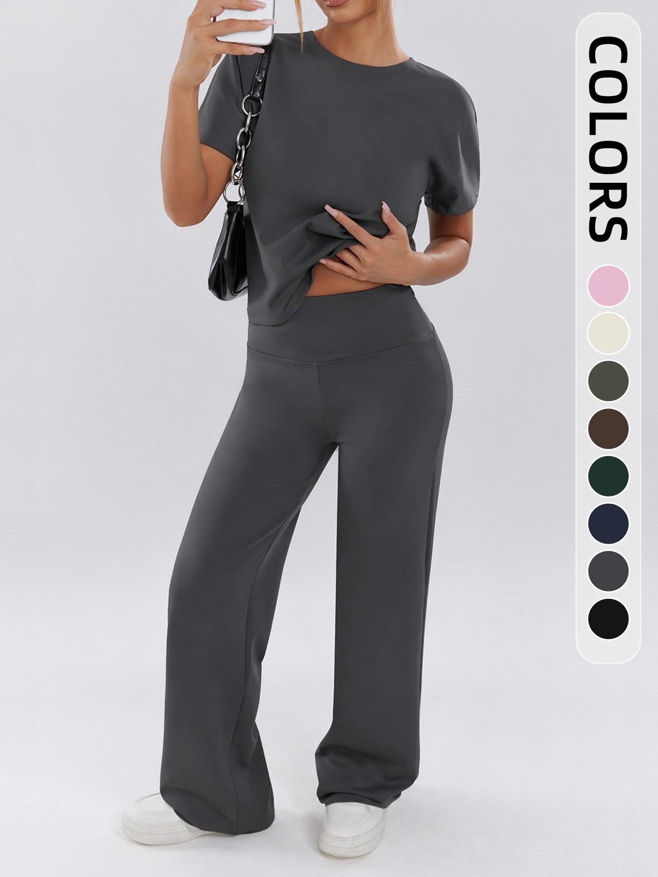 Women's Two-Piece Set, Loose-Fit Short Sleeve Top & High Waist Wide-Leg Pants, Breathable Fabric, Ideal for Yoga, Gym & Running, Athleisure Gym Clothes, Casual Activewear Set, Loose Casual Athleisure