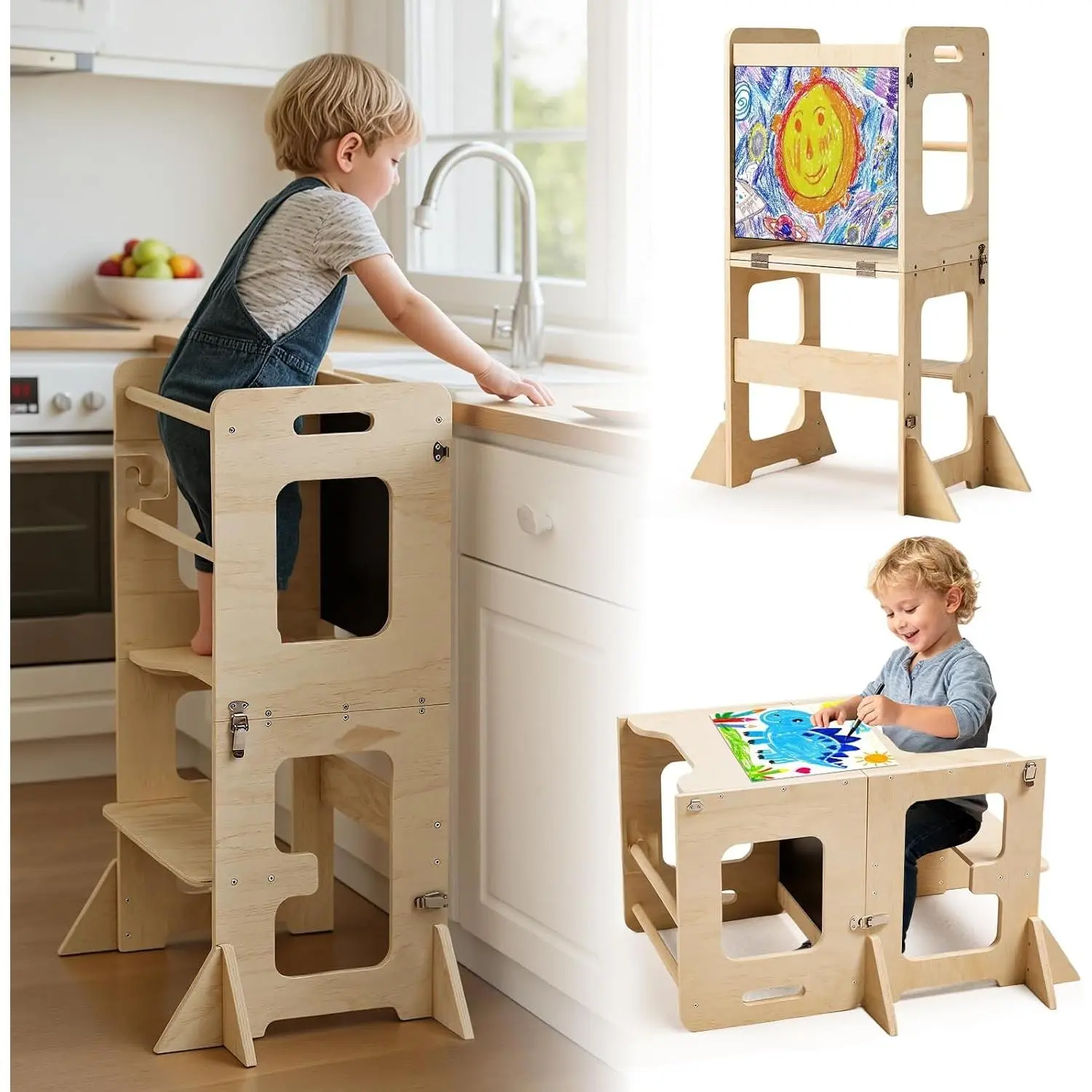 Toddler Standing Tower for 12M+, Montessori Foldable Learning Standing Tower with Blackboard, Anti-tip Structure Design,Wooden Kitchen Step Helper Stool for 1-3 Year Old Boy Girl Gift