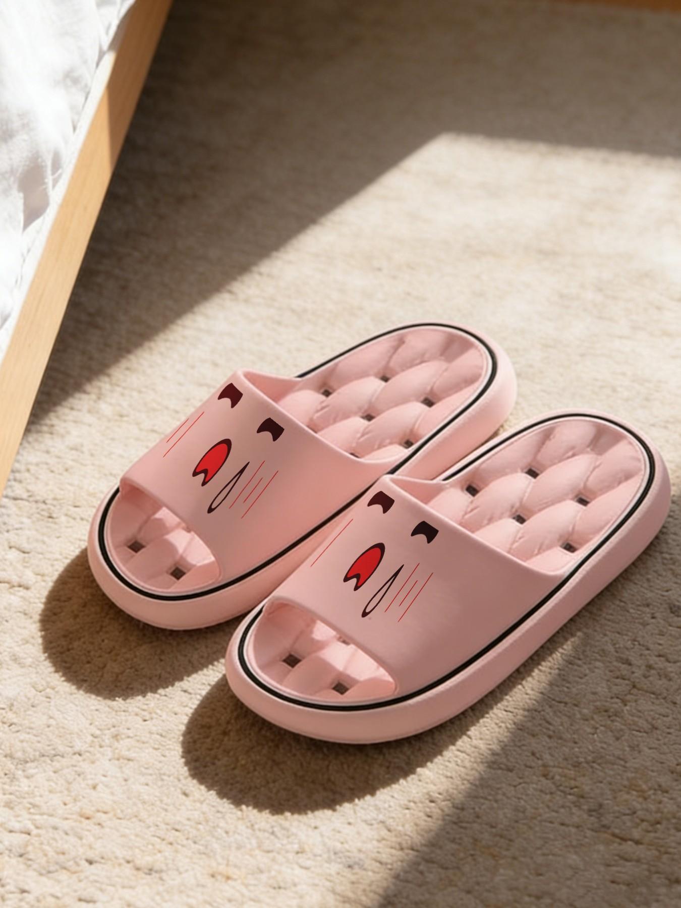 1 Pair Cartoon Tongue-out Emoji Printed Hollow Massage Thick Sole Slippers, Cute Soft Style, Non-slip Soft Sole, Quick-dry for Bathroom, Indoor & Outdoor Dual-use, Open Toe Slides, Bathroom Casual Slippers