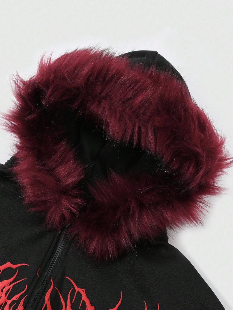 Y2K Cyber Grunge Full Zip Hoodie with Red Furry Hood | Gothic Graphic Oversized Jacket for Vampire Aesthetic | Underground Streetwear for Winter Music Festivals & Night Out