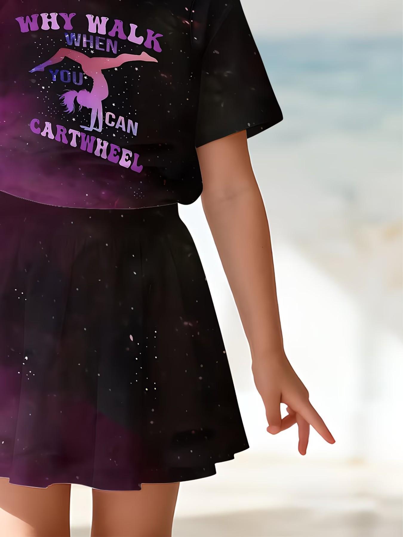 Girls' 3D Printed Gymnastics Pattern Top and Skirt Set, Casual Slim-Fitting Summer, Round Neck Short Sleeve, Daily Wear