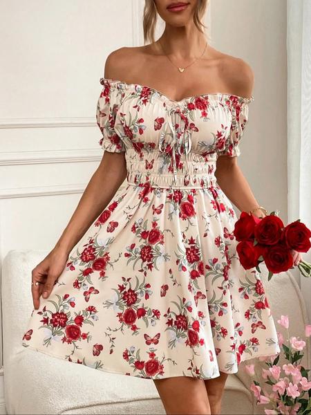 Women's Floral Print Off Shoulder   Dress, Elegant Fashion Casual Short Dress for Daily Outdoor Wear, Casual Everyday Wear, Women Dress for Summer