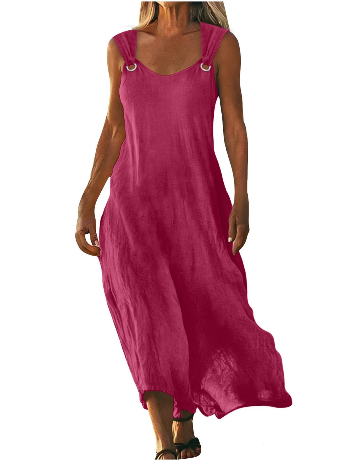 2026 Women's Dress, Everyday Casual Summer Wear, Womenswear, Elegant Aesthetic V-Neck Design, Metallic Button Detailing, Breathable Lightweight Cotton-Linen Fabric, Sleeveless, Minimalist Style