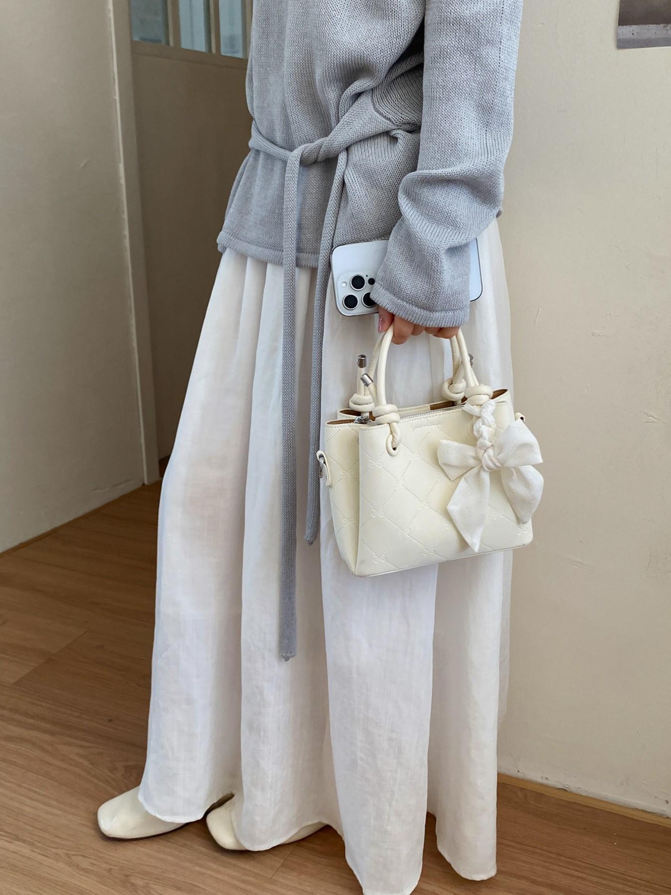 1Powder pink coach bag，Quilted Bucket Bag with Floral Bow Scarf | Dual-Tone Handle Crossbody Tote for Women | Ideal for Daily & Special Occasions