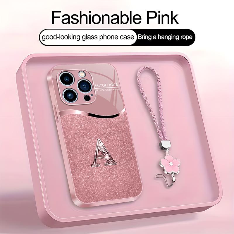 Luxury Pink Phone Case with Lanyard Initial Letter A-Z Cover for iPhone 15 Pro Max --975