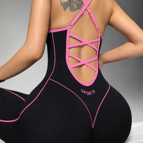 Women's Seamless High Stretch Knit Halter Jumpsuit Tight Fit Nine-Quarter Pants, Back Cross Shoulder Straps, Outdoor Cycling Gym Yoga Daily Wear