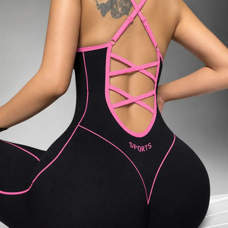 Women's Seamless High Stretch Knit Halter Jumpsuit Tight Fit Nine-Quarter Pants, Back Cross Shoulder Straps, Outdoor Cycling Gym Yoga Daily Wear
