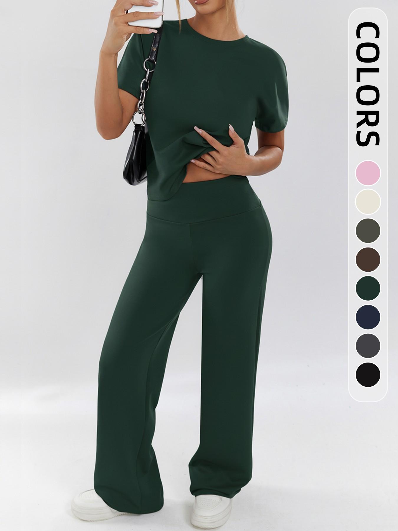Women's Two-Piece Set, Loose-Fit Short Sleeve Top & High Waist Wide-Leg Pants, Breathable Fabric, Ideal for Yoga, Gym & Running, Athleisure Gym Clothes, Casual Activewear Set, Loose Casual Athleisure
