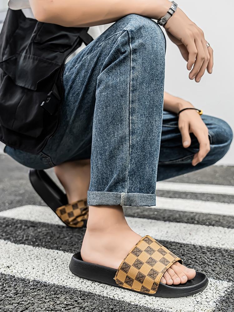 Men's Checkered Pattern EVA Slides, Casual Comfortable Non-slip Slippers, Open Toe Shoes for Indoor Outdoor Beach Shower