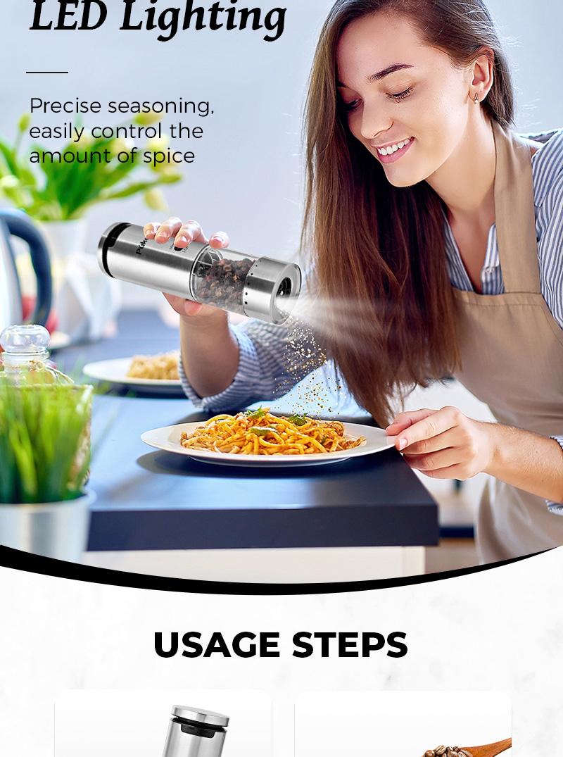 PUKOMC Rechargeable Salt & Pepper Grinder Set: 6 Settings, One-Hand Use,Detachable for Cleaning - Includes 12 Refills & Accessories! Kitchen Seasoning Utensils Coarseness Adjustable Base Style