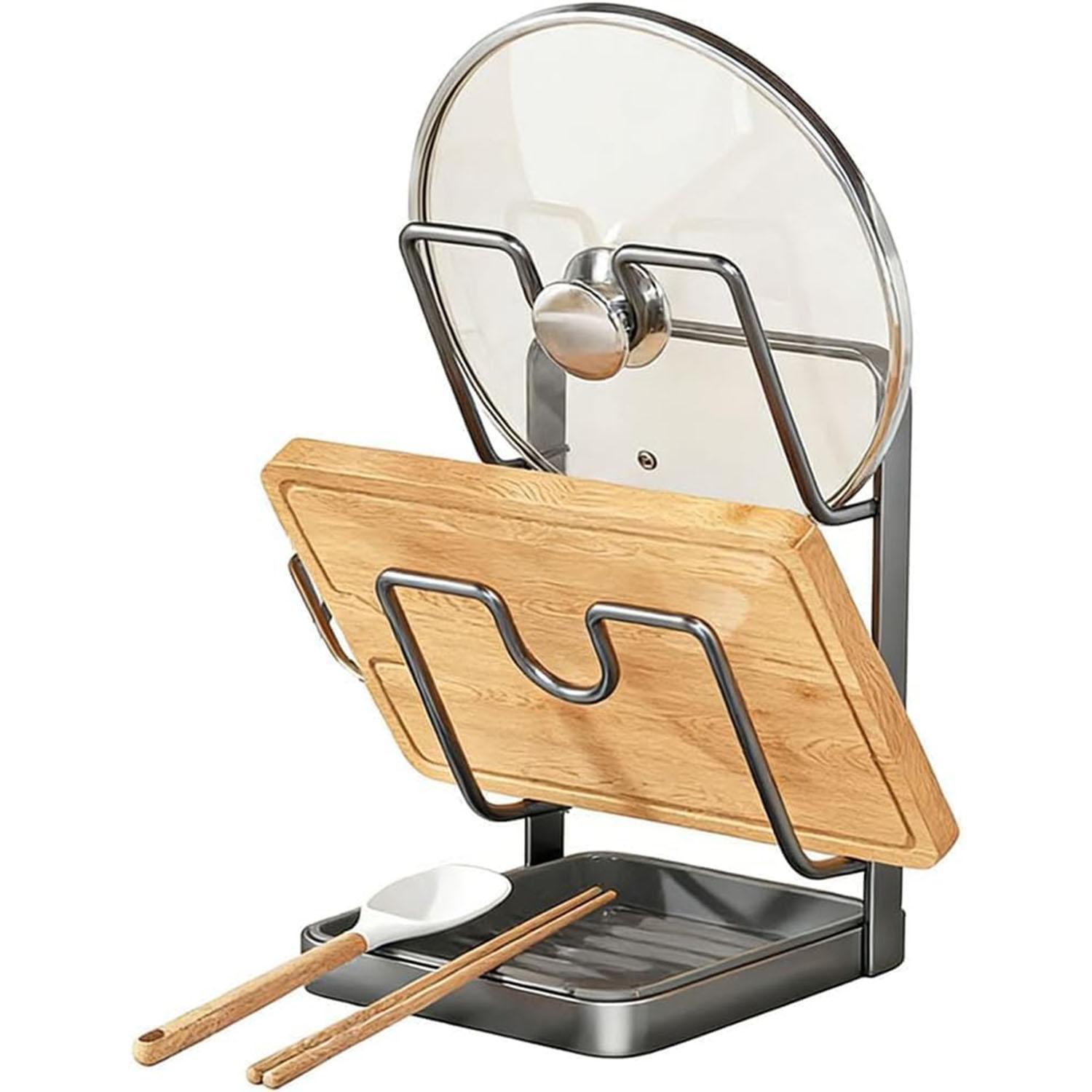 Kitchen Pot Lid Storage Rack, 2026 Upgraded Multi-Functional Pot Lid Organizer, Cooking Lid Holder with Detachable Drip Tray