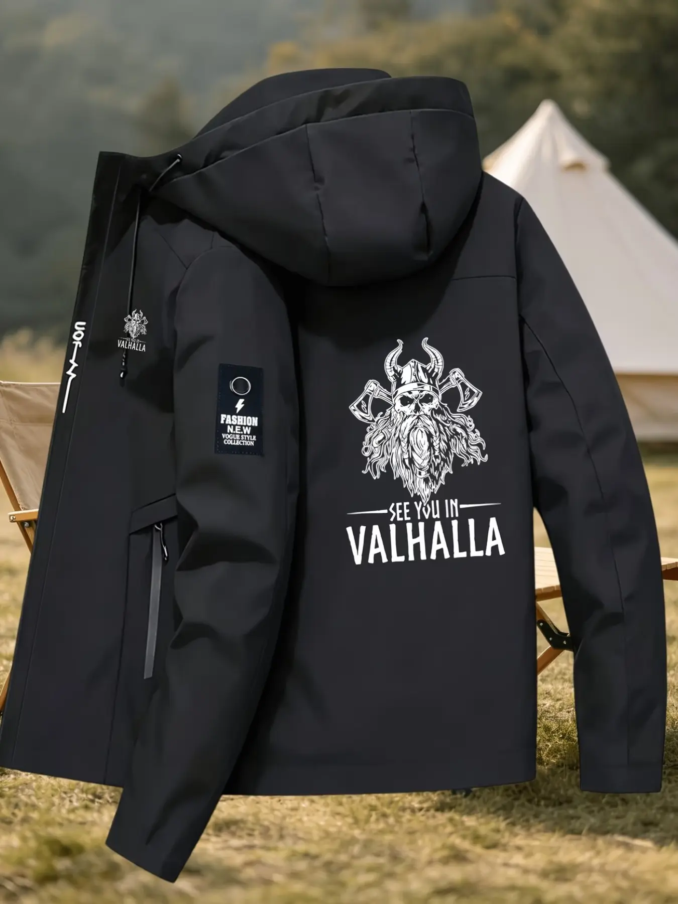 Men's Viking Warrior Valhalla Print Hooded Casual Jacket, Nordic Retro Loose-Fit Outerwear, Stylish and Comfortable Men's Clothing