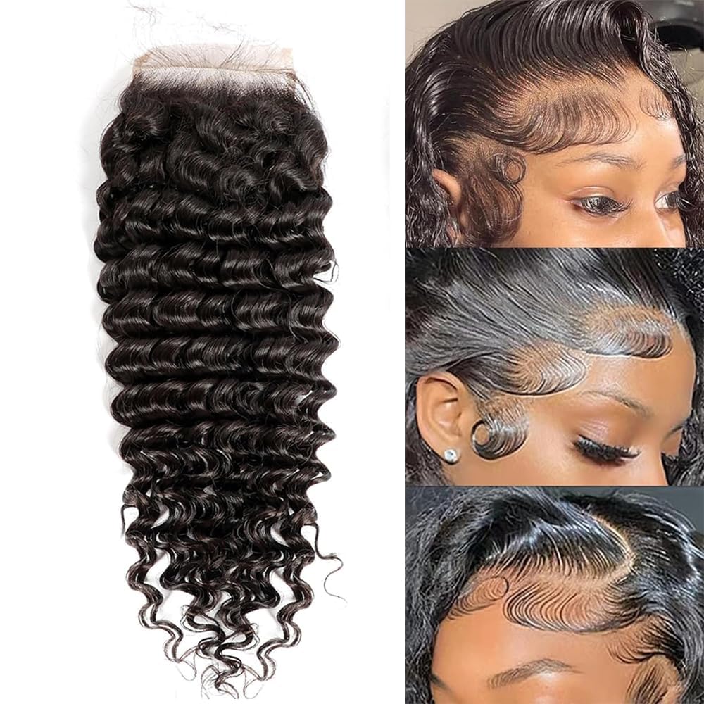 Transparent  Lace Closure Deep Wave Invisible Ultra-thin 4x4 Closure Brazilian  Virgin Human Hair  Black (4x4 Lace Closure, 16 Inch)