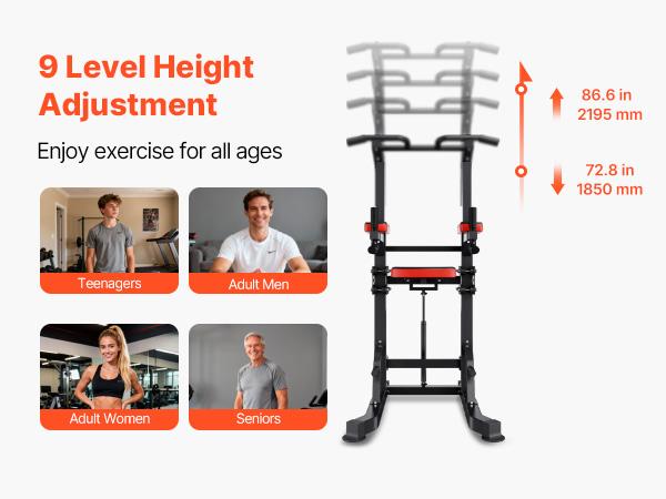 VEVOR Pull Up Bar, 330 LBS Power Tower Dip Station, Workout Dip Station with H-Shaped Stable Base Assistance Platform, Adjustable 9 Level Height Pullup Stand for Back, 3-Level Adjustable Elbow Pads