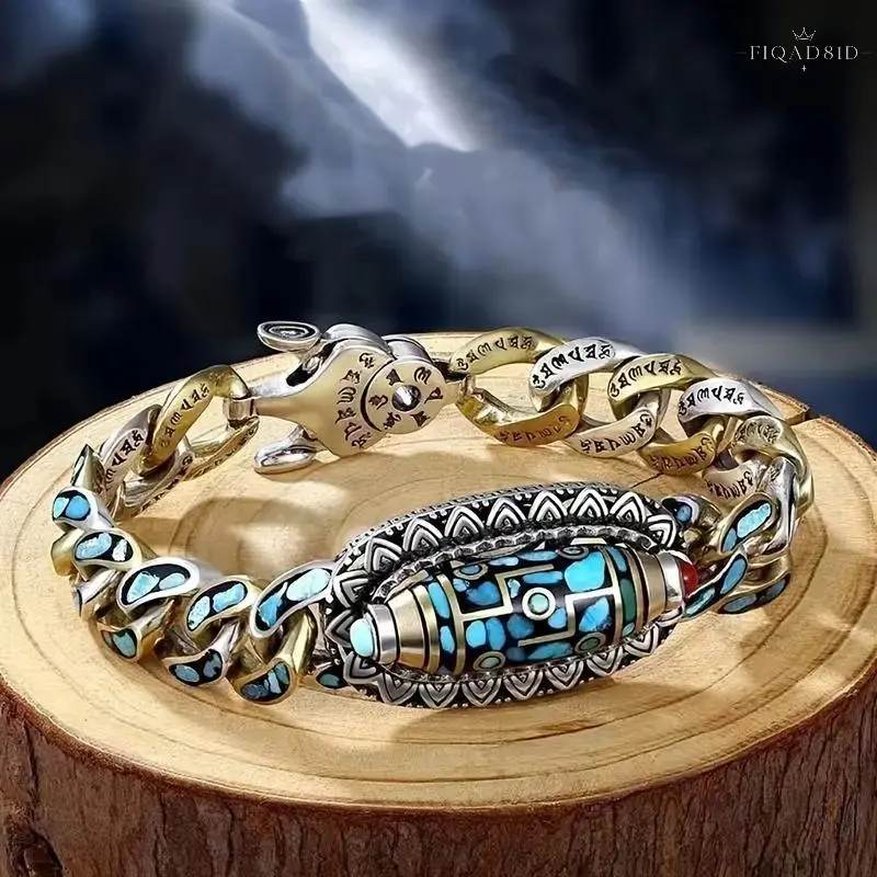 Unisex Vintage Tibetan Nine‑Eyed Dzi Bead Bracelet, Inlaid Turquoise Six‑Syllable Mantra Metal Chain Amulet, Adjustable Lobster‑Clasp Spiritual Protection Wrist Jewelry For Meditation, Street‑style Outfits And Everyday Casual Wear