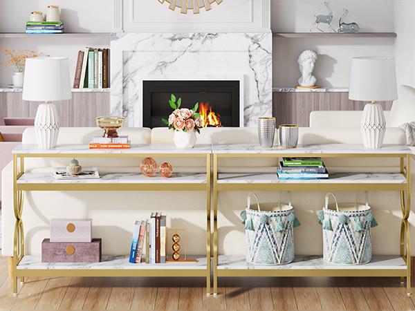 LITTLE TREE 3-Tier Console Table, 55 inch Sofa Table with Open Storage Shelves, Narrow Long Hallway/Entryway Table with Faux Marble Top for Home Living Room Entryway