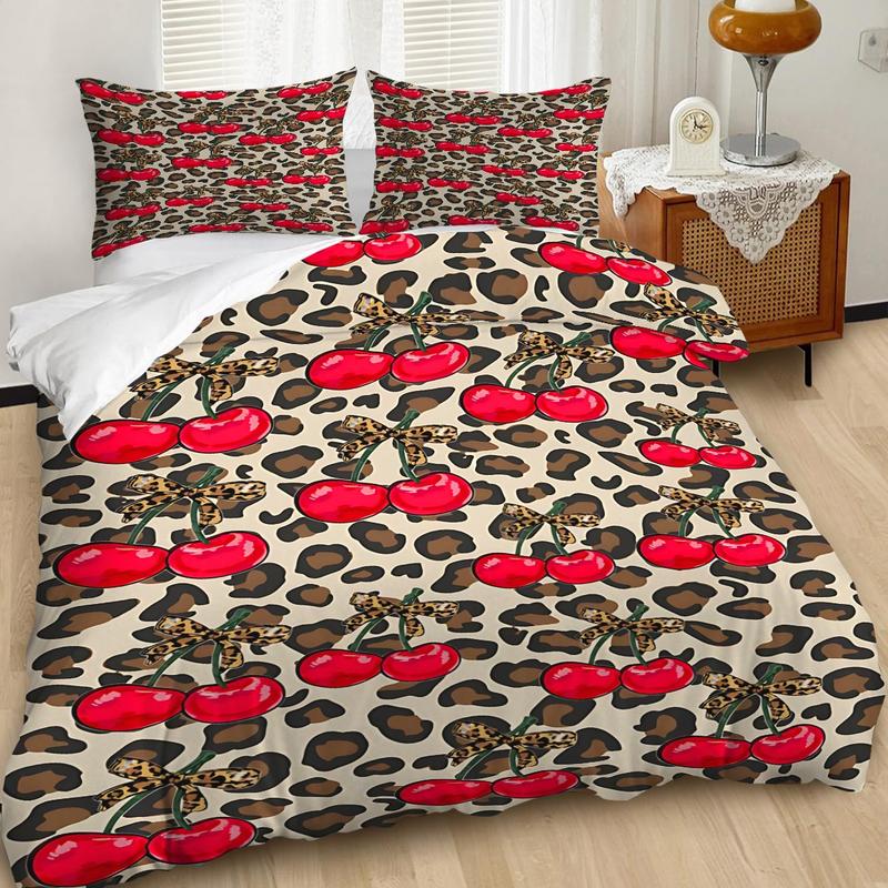 2/3Pcs Leopard Print Cherry Pattern Duvet Cover Set , Retro Sweet and Cool Girl Style Bedding Set, Wild Tension, Sweet Vitality, Full of Retro Sweet and Cool Bedroom Atmosphere, Including 1 or 2 Pillowcases - No Padding/Zipper Closure 2/3Pcs Leopard Print Cherry Pattern Duvet Cover Set , Retro Sweet and Cool Girl Style Bedding Set, Wild Tension, Sweet Vitality, Full of Retro Sweet and Cool Bedroom Atmosphere, Including 1 or 2 Pillowcases - No Padding/Zipper Closure