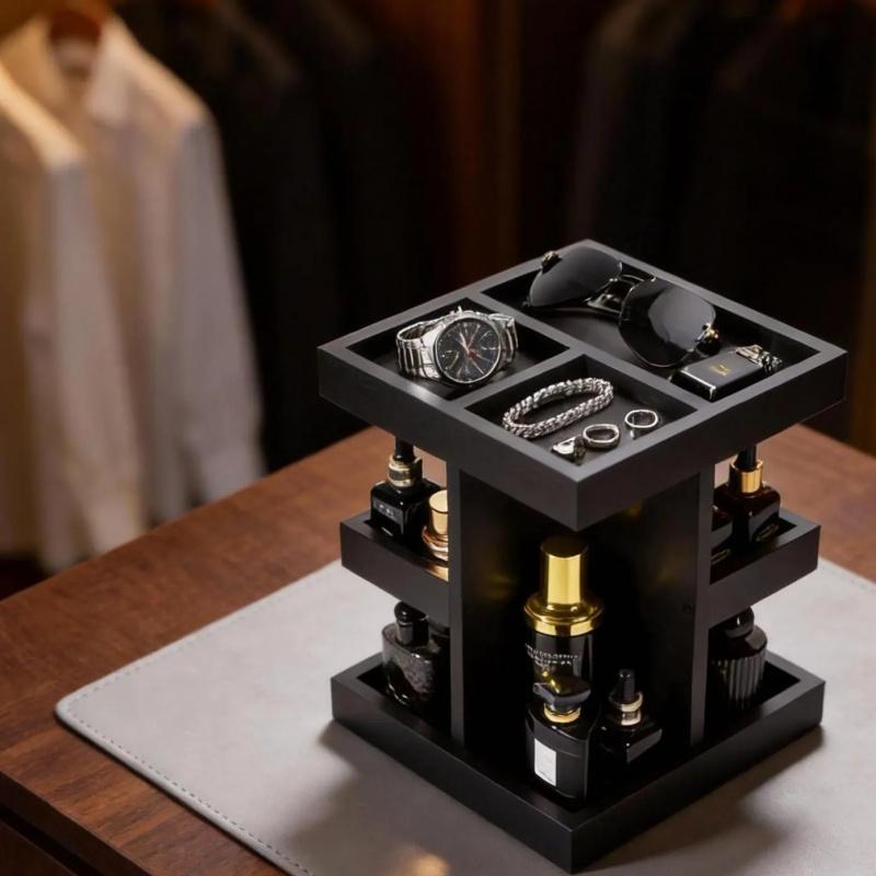 Cologne Organizer for Men, Rotating Cologne Stand, 3 Tier Wooden Perfume Shelf, Desk Organizer, Husband Boyfriend Birthday Gift Ideas