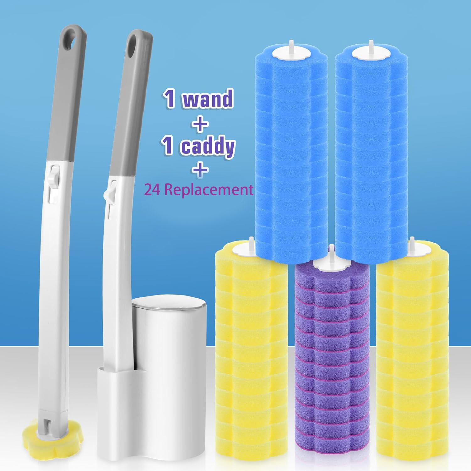 Reusable Toilet Brush Cleaning System, Includes 24 Replacement Heads, Wall-Mounted Wand Set, Bathroom Maintenance Kit