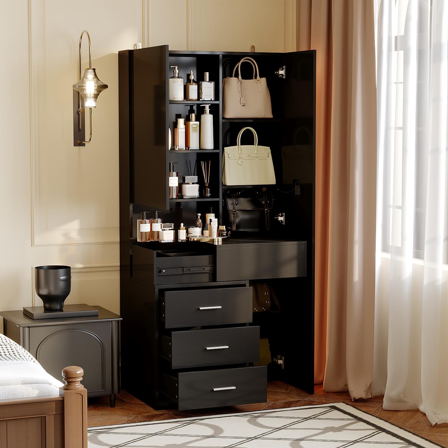 FUFU&GAGA Makeup Vanity Desk with Mirror and 3-Colors Lights, Dressing Table with 3 Drawers and Door Sliding Tabletop