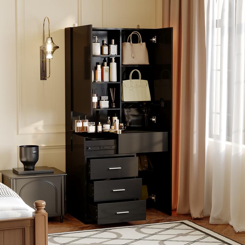 FUFU&GAGA Makeup Vanity Desk with Mirror and 3-Colors Lights, Dressing Table with 3 Drawers and Door Sliding Tabletop