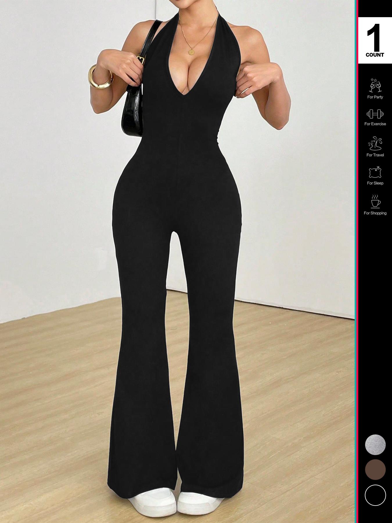 2026 Women's Sexy Halter V Neck Jumpsuit, Sleeveless Backless Design, Fitted Flare Leg Romper, Casual Style for All Seasons