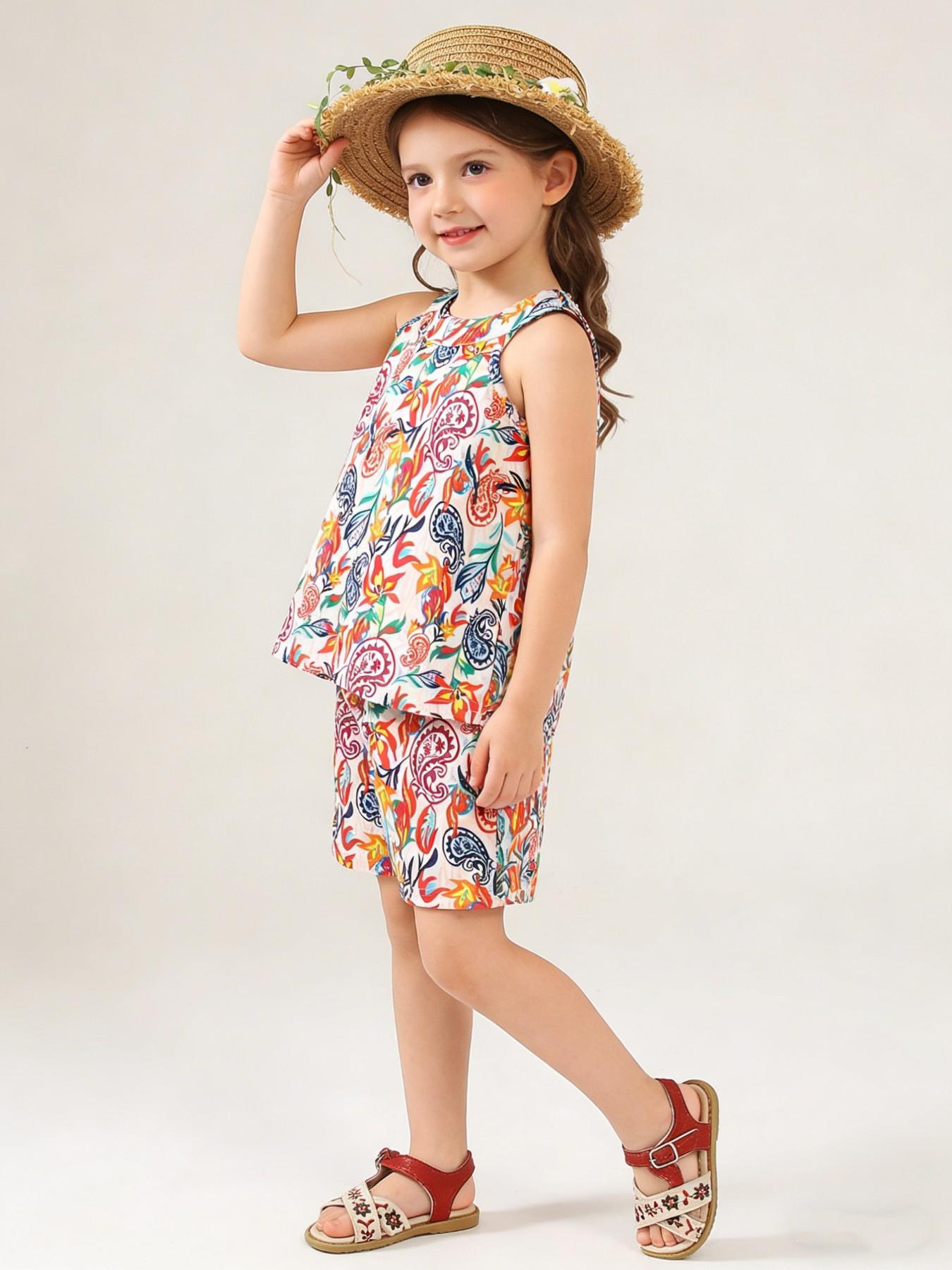 Girls' Colorful Floral Paisley Set, Lightweight Sleeveless Top + Loose Shorts, Bohemian Style Summer for Kids Aged 2-7 Years
