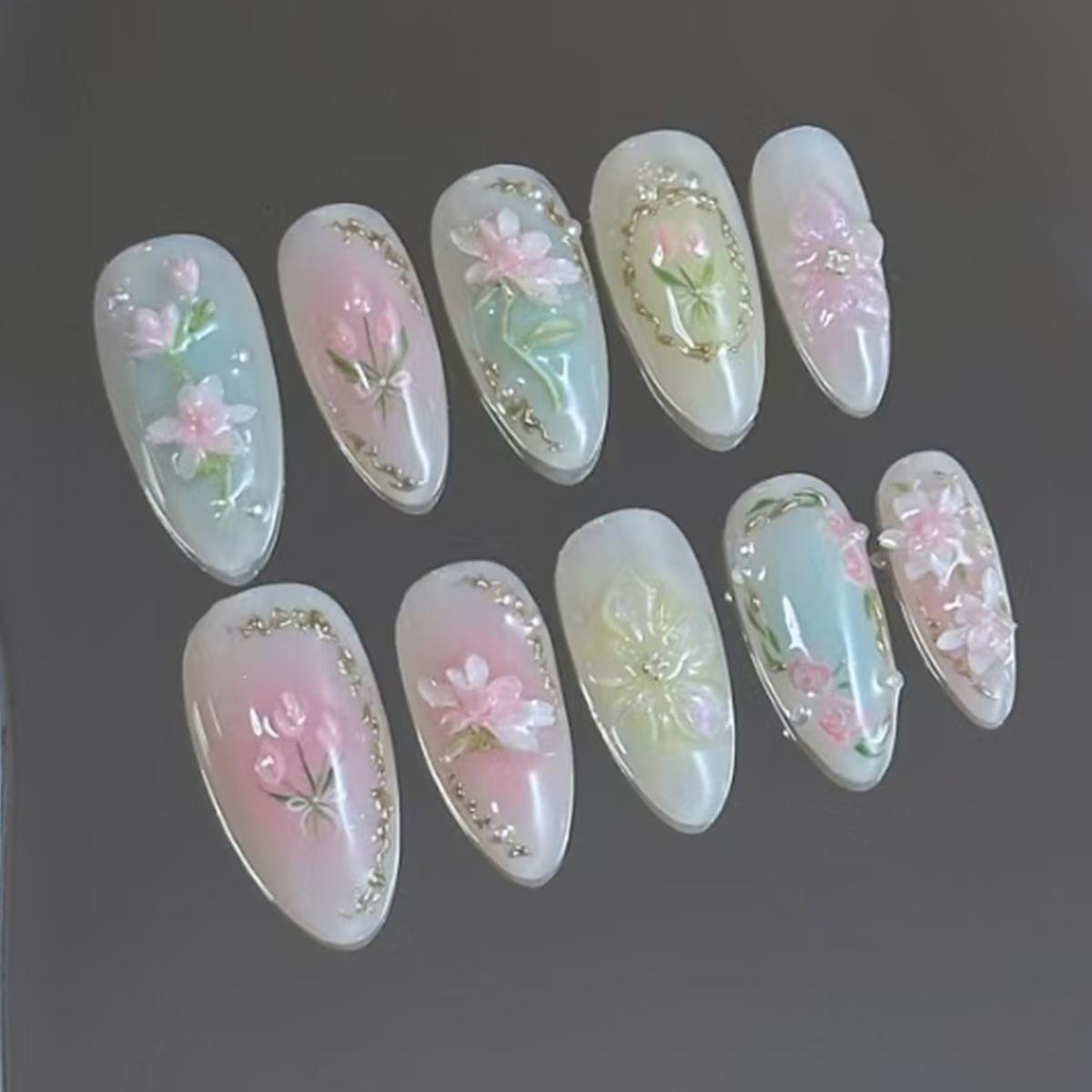 24Pcs Mid-length Gilded Almond Nails Set Press on 3D Flower Gradient Pink Full Cover False Nails Tips Pearl Reusable Fake Nails